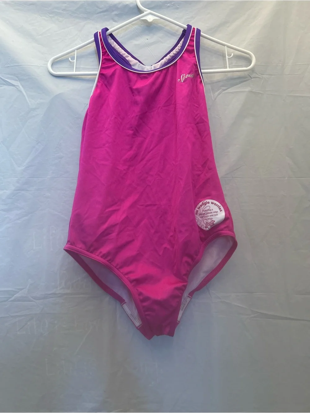 Speedo Girls' New Blush Bright Pink  One-Piece Swimsuit with Purple Trim Sz 16